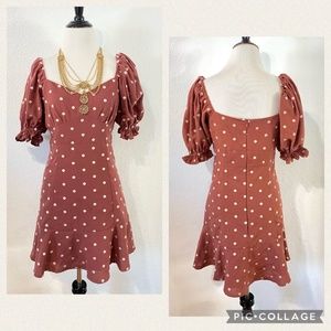 Mauve Pink and Cream White Polka Dot Mini Dress Puffy Sleeves by Together